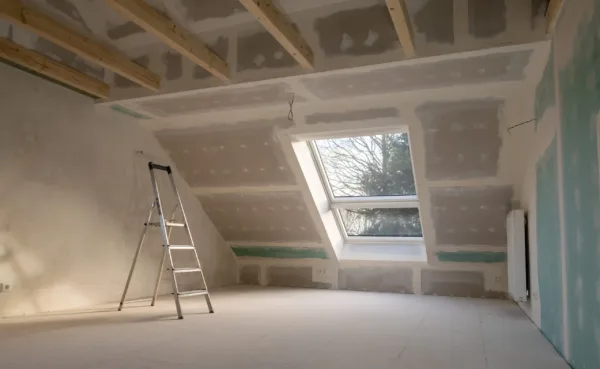 Renovation in a private house. Plastering drywalls in the attic.