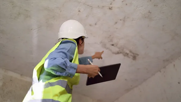 Building inspector wearing hard hat and safety vest evaluating ceiling damage, pointing at dark mold growth and water stains during a property inspection with a digital tablet
