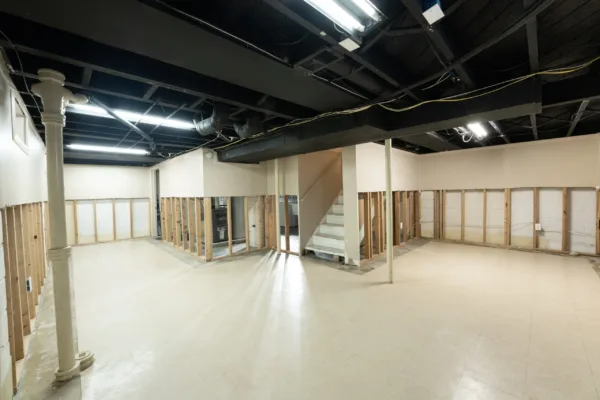basement has been waterproofed and damaged drywall has been removed
