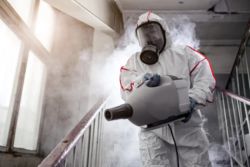 disinfector with protective antiviral mask, chemical decontamination sprayer bottle indoors