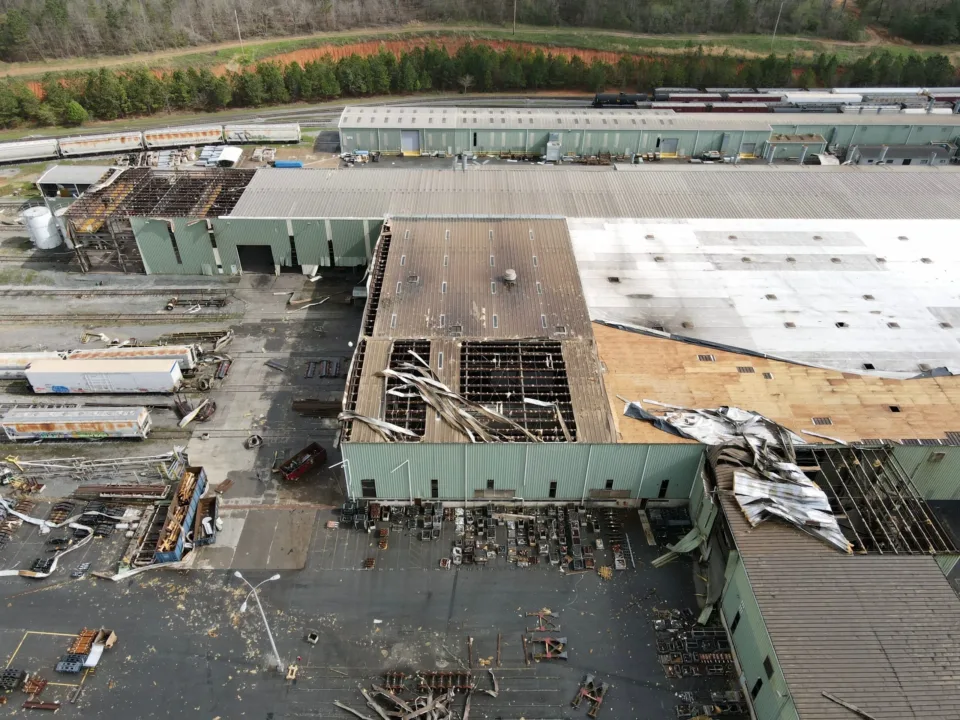 Commercial building damage after strong tornado storm