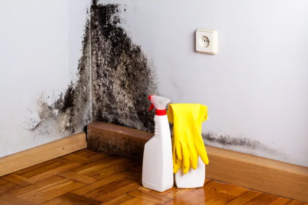 Black mold in the corner of room wall. Preparation for mold removal.